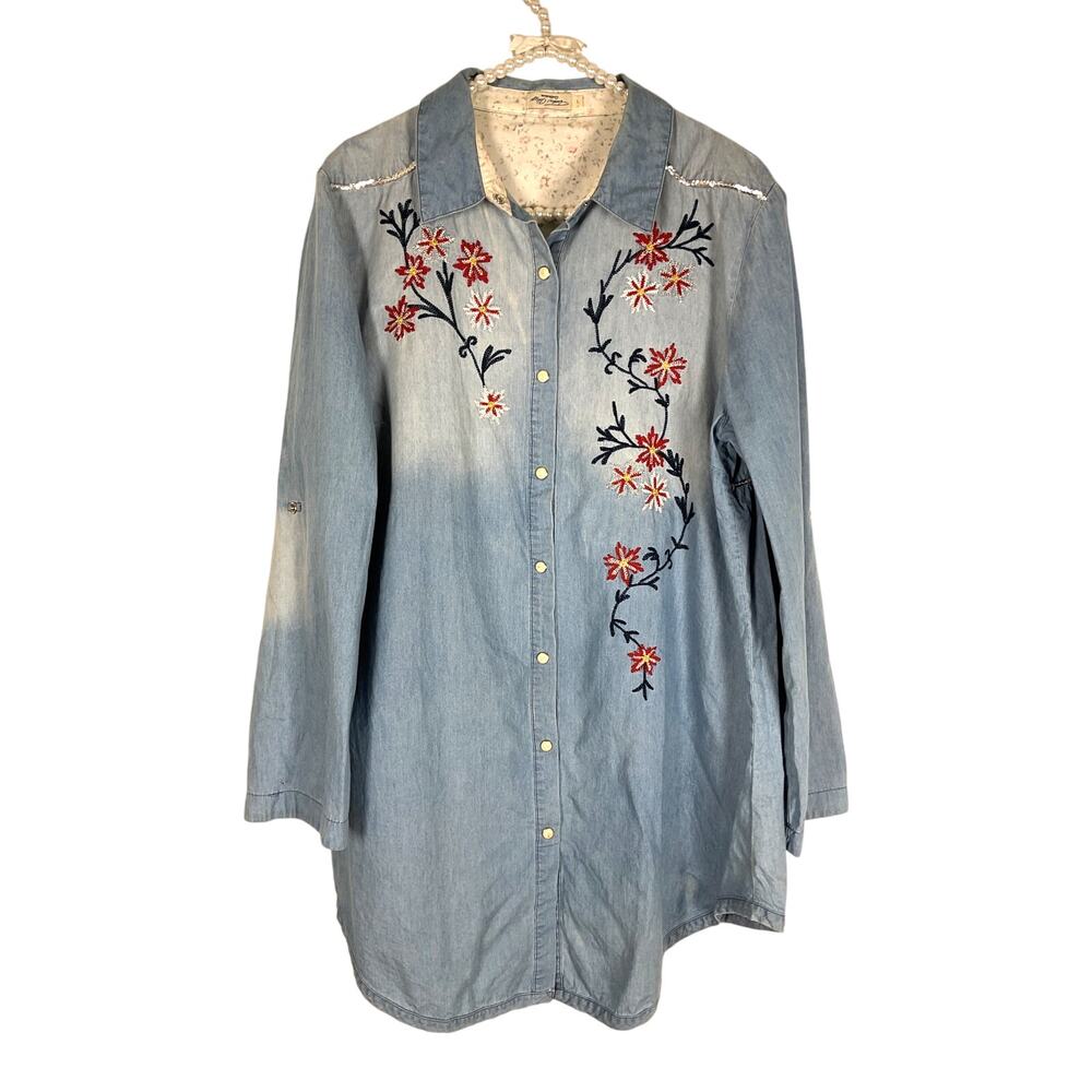 Tasha Polizzi Vintage Chambray Shirt‎ Women's Large Embroidered Western Blouse